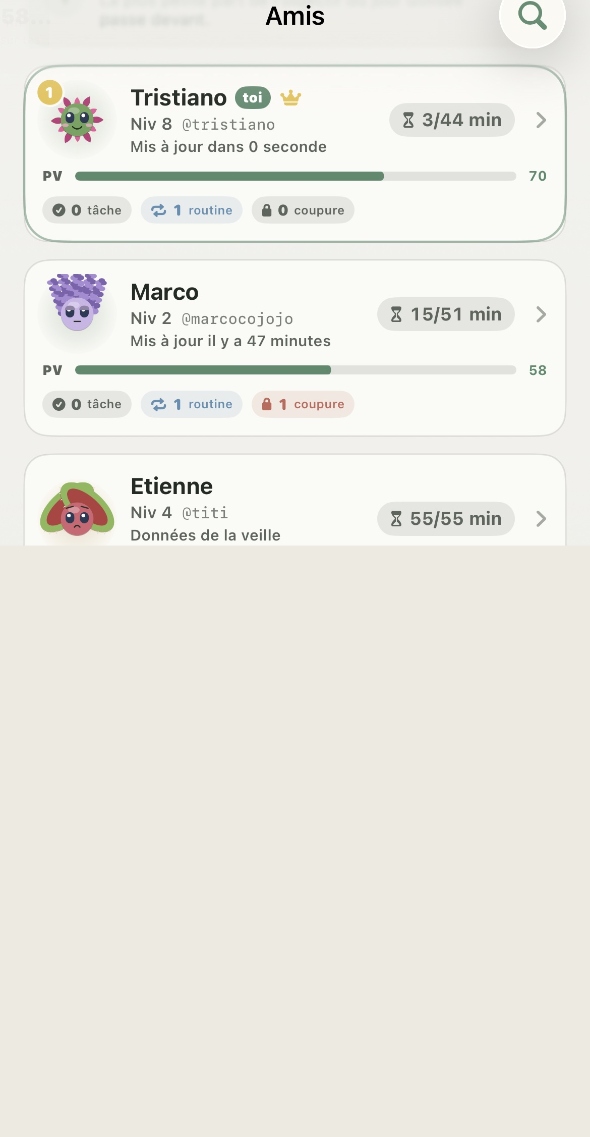 Capture de Flocus : les plantes et la progression des amis